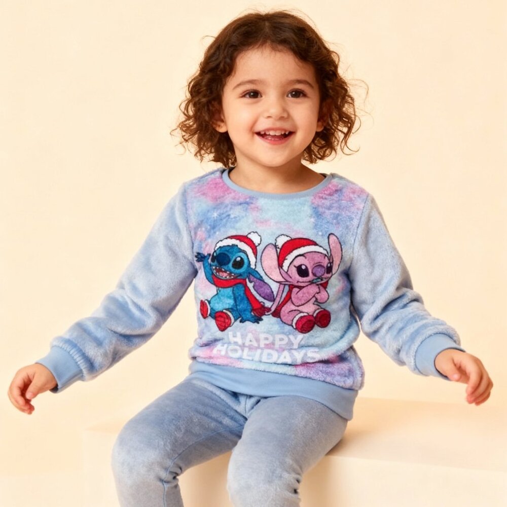 Disney Toddler Girls Stitch Happy Holidays Long Sleeve Plush Pullover Sweatshirt